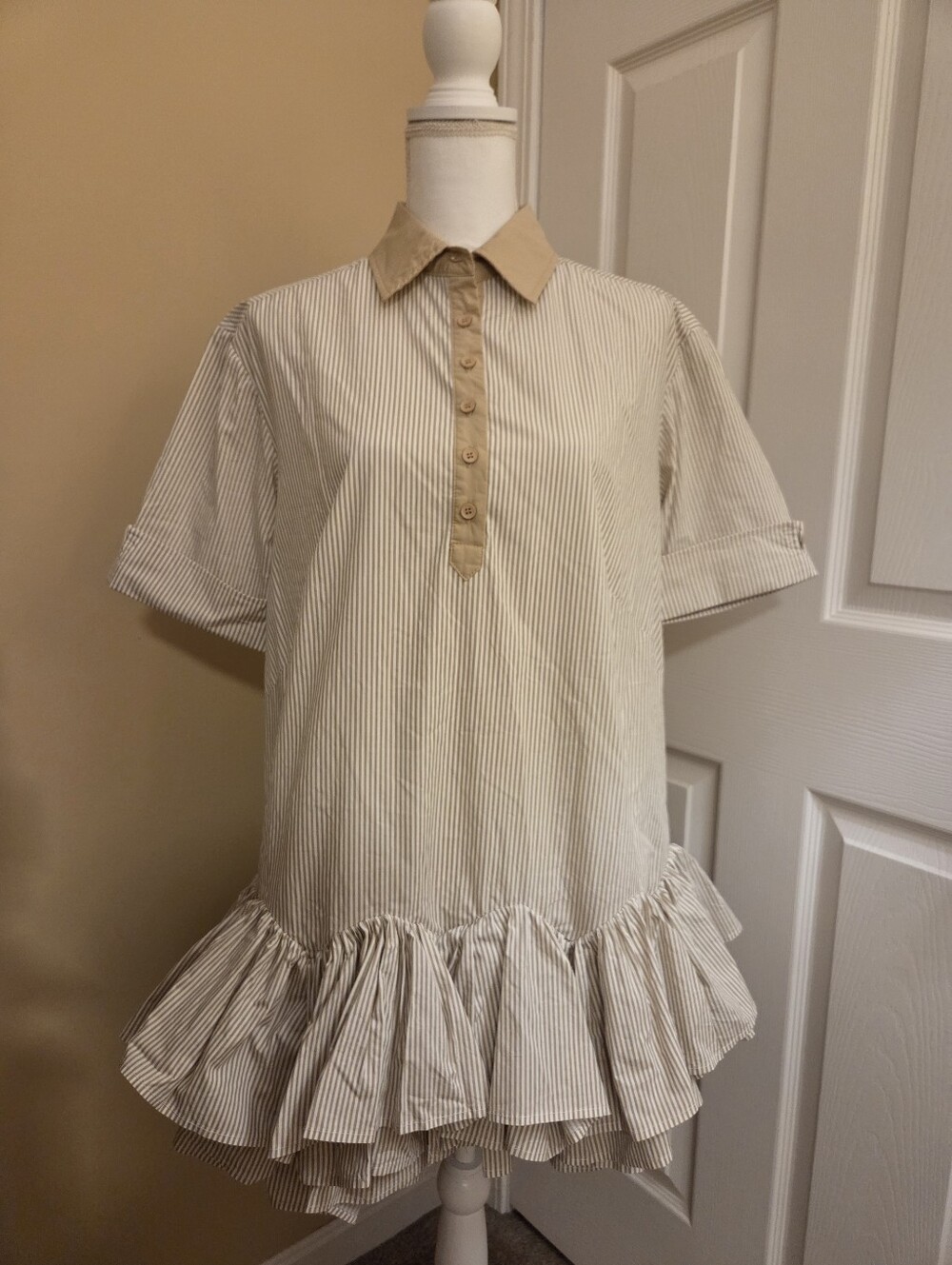 Sofie The Label Dropwaist Neutral Brown And Cream Pinstripe Dress